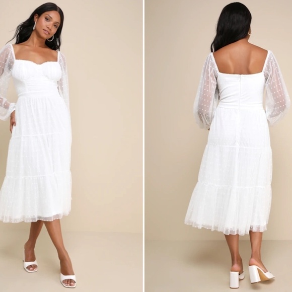 COPY - LULU's Bridal Shower Reception Swiss Dot Romantic Long Sleeve Midi Dress - Picture 3 of 5